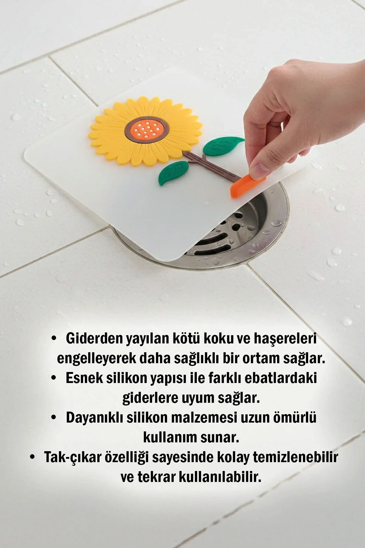 Ayçiçeği Kare Silikon Kötü Koku Önleyici Gider Kapağı – Banyo, Mutfak, Balkon Lavabo Tıpası 14,5x14