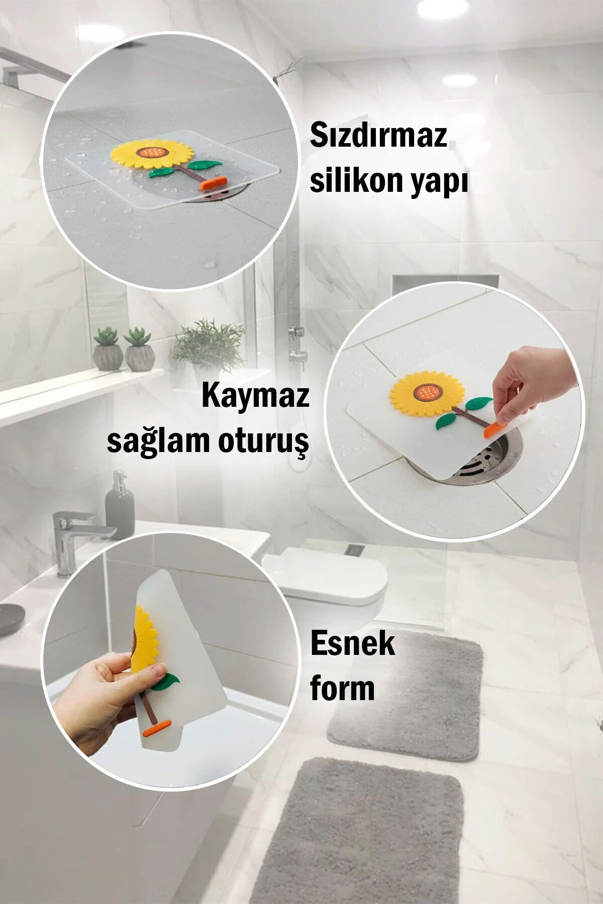 Ayçiçeği Kare Silikon Kötü Koku Önleyici Gider Kapağı – Banyo, Mutfak, Balkon Lavabo Tıpası 14,5x14