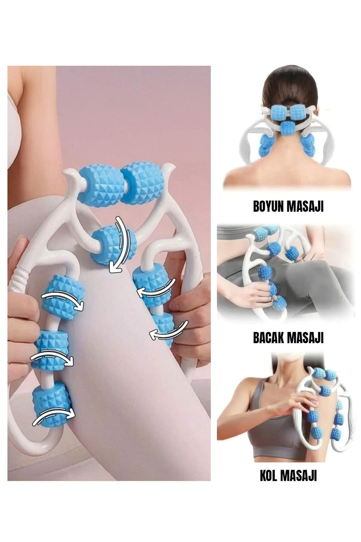 Kas Gevşetici Masaj Aleti 9 Tekerlekli Ayarlanabilir Lenf Drenaj Rulosu Bacak Kol Selülit MAVİ