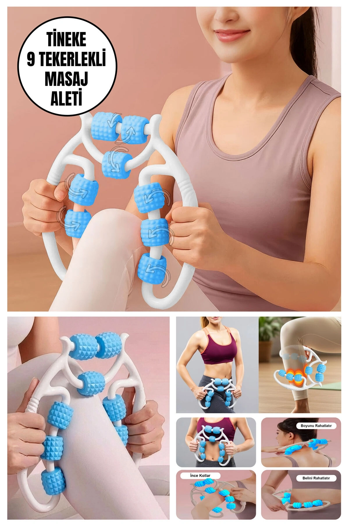 Kas Gevşetici Masaj Aleti 9 Tekerlekli Ayarlanabilir Lenf Drenaj Rulosu Bacak Kol Selülit MAVİ