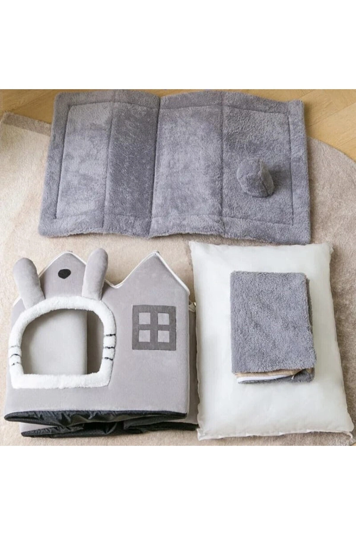 Kedi Evi Yumuşak Kedi Yatağı Derin Uyku Ve Kış Evi Çıkarılabilir Minder -villa (GRİ) 1 Adet