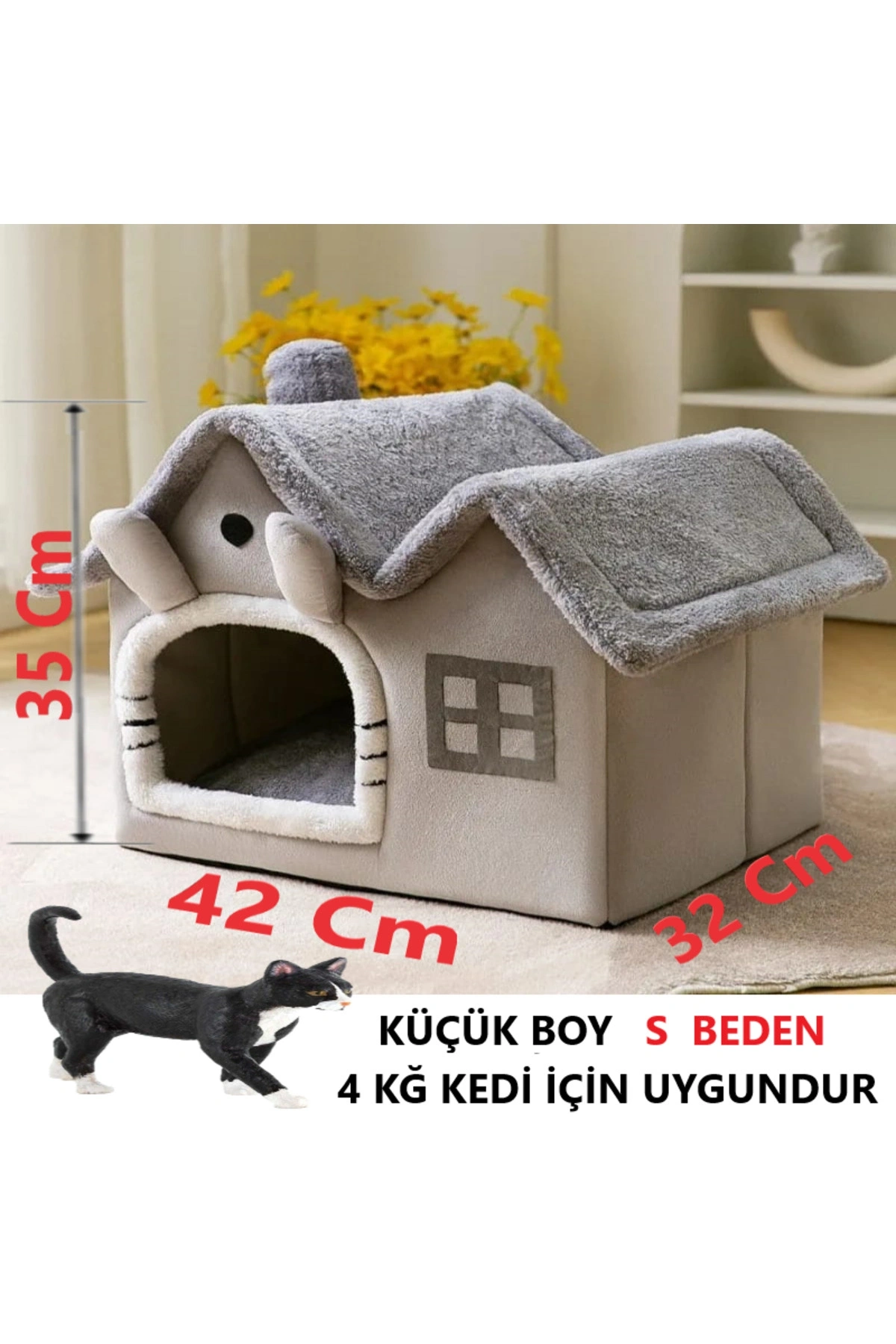 Kedi Evi Yumuşak Kedi Yatağı Derin Uyku Ve Kış Evi Çıkarılabilir Minder -villa (GRİ) 1 Adet