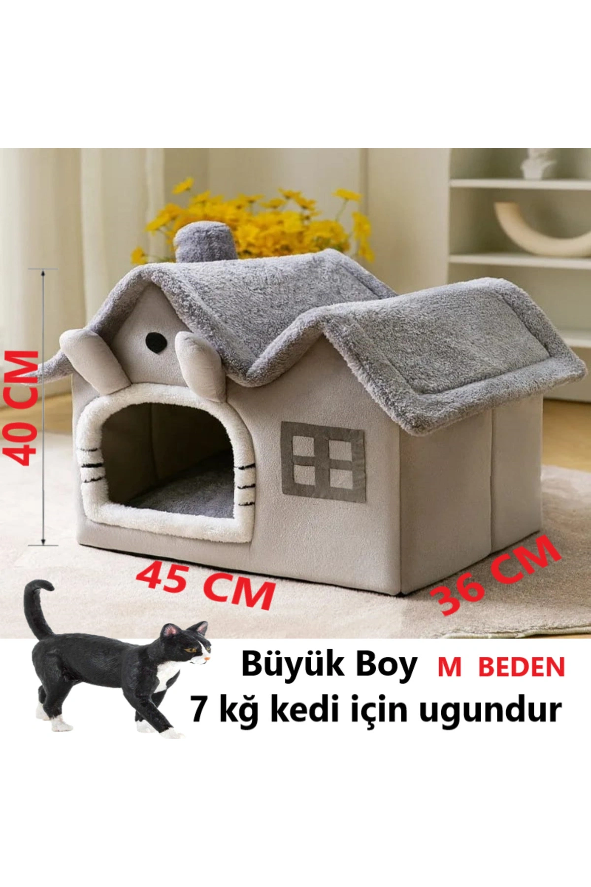 Kedi Evi Yumuşak Kedi Yatağı Derin Uyku Ve Kış Evi Çıkarılabilir Minder -villa (GRİ) 1 Adet