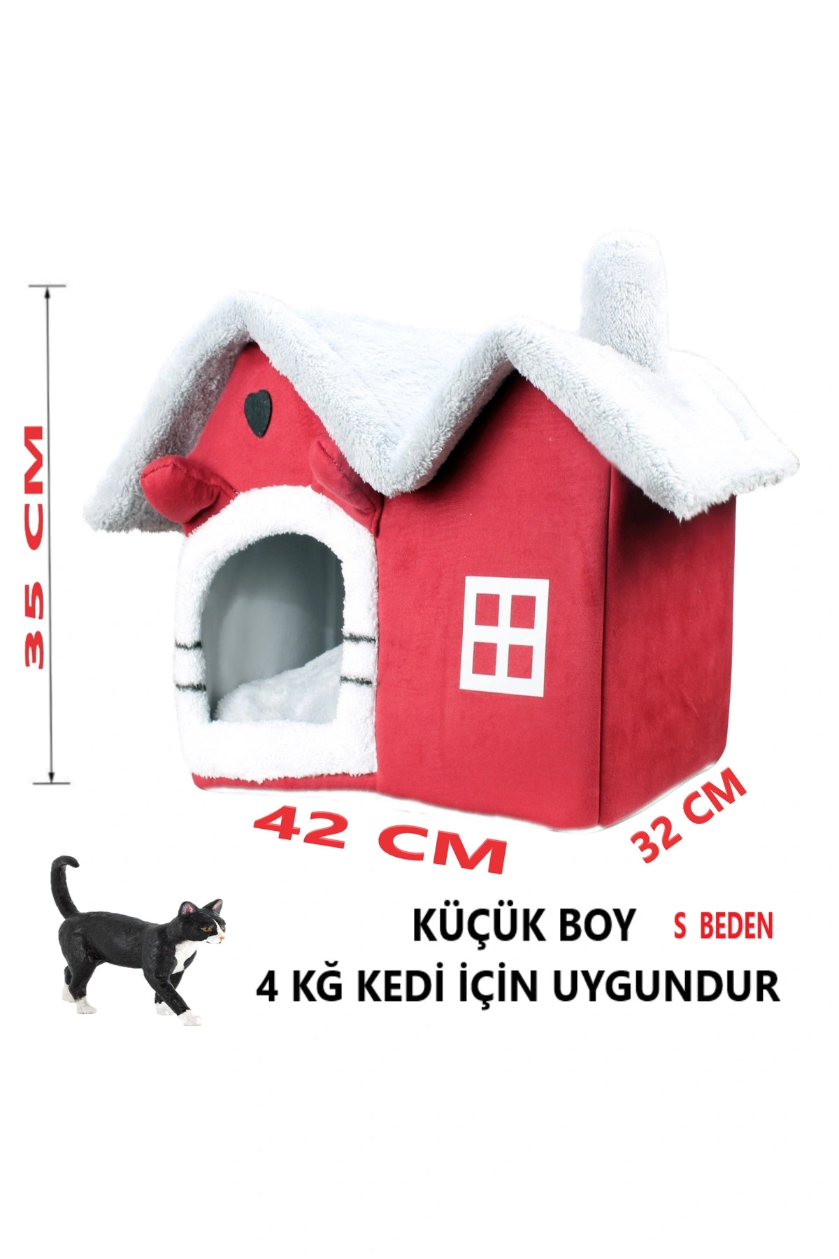 Kedi evi Yumuşak kedi yatağı derin uyku ve kış evi çıkarılabilir minder -VİLLA ( KIRMIZI )1ADET