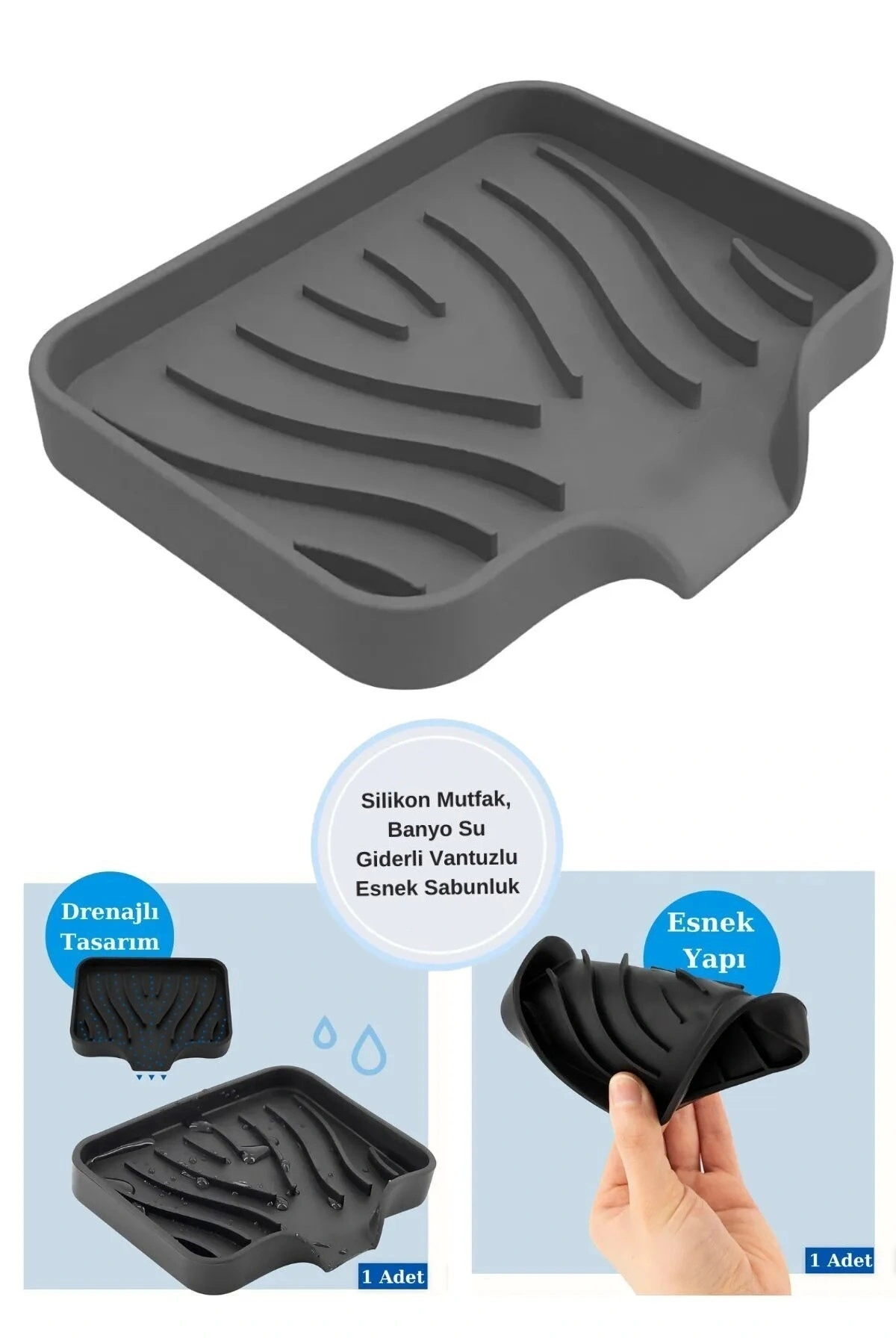 Silikon Mutfak, Banyo Su Giderli Vantuzlu Esnek Sabunluk  GRİ Renk