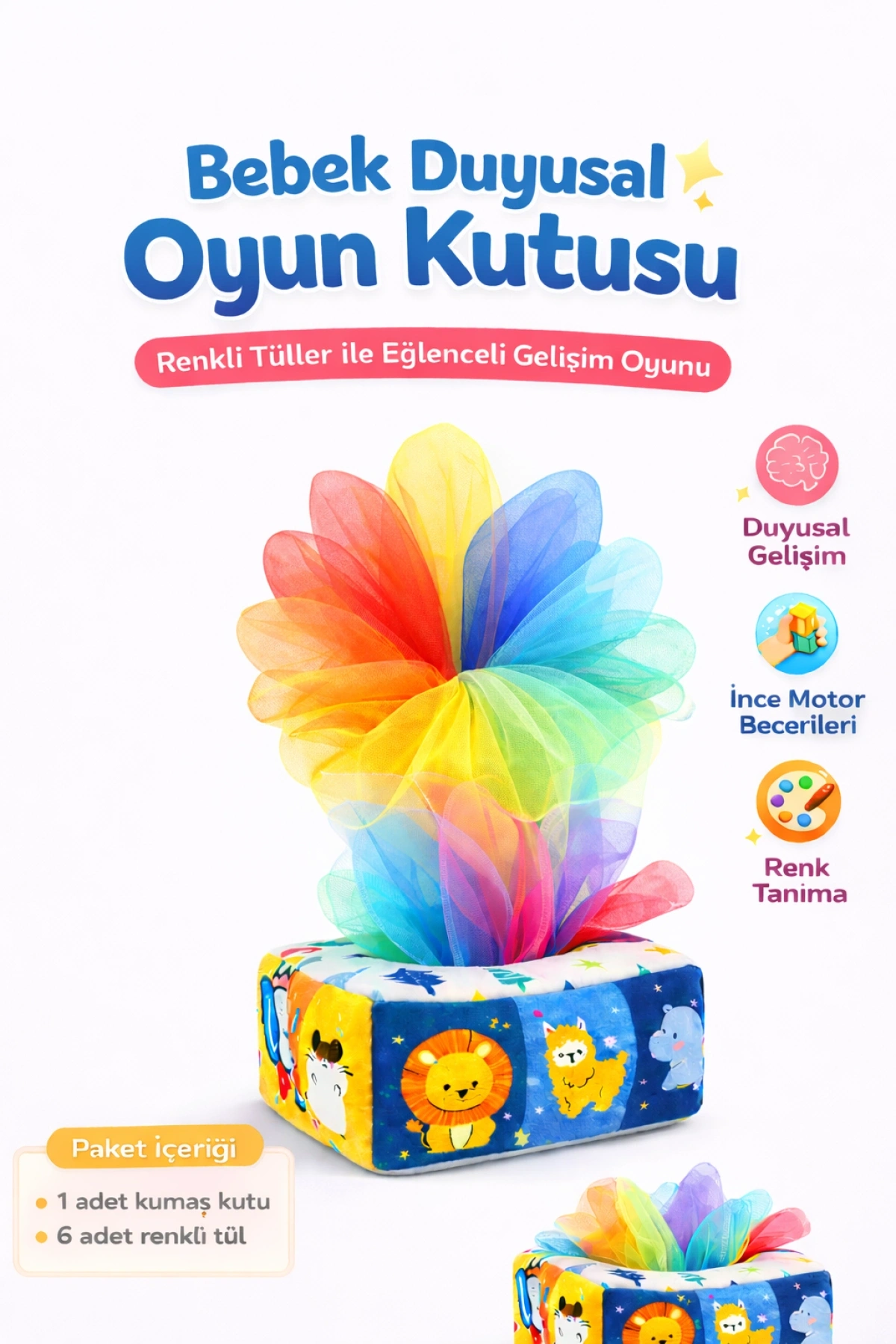 TİNEKE Bebekler İçin Eğitici Duyusal Oyun Kutusu Oyuncağı Renkli Tül Oyunu Peçetelik Eğitici Oyuncak