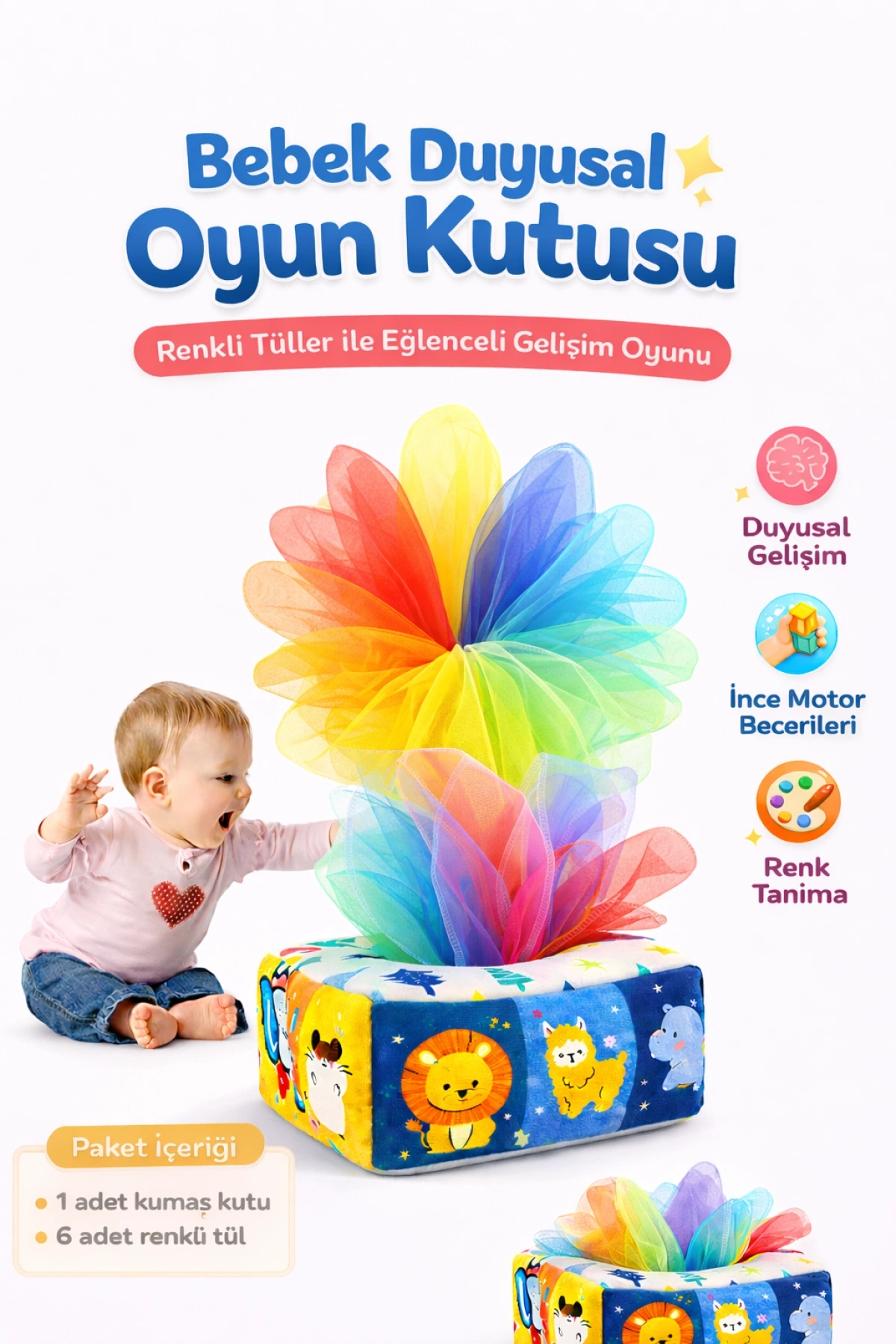 TİNEKE Bebekler İçin Eğitici Duyusal Oyun Kutusu Oyuncağı Renkli Tül Oyunu Peçetelik Eğitici Oyuncak