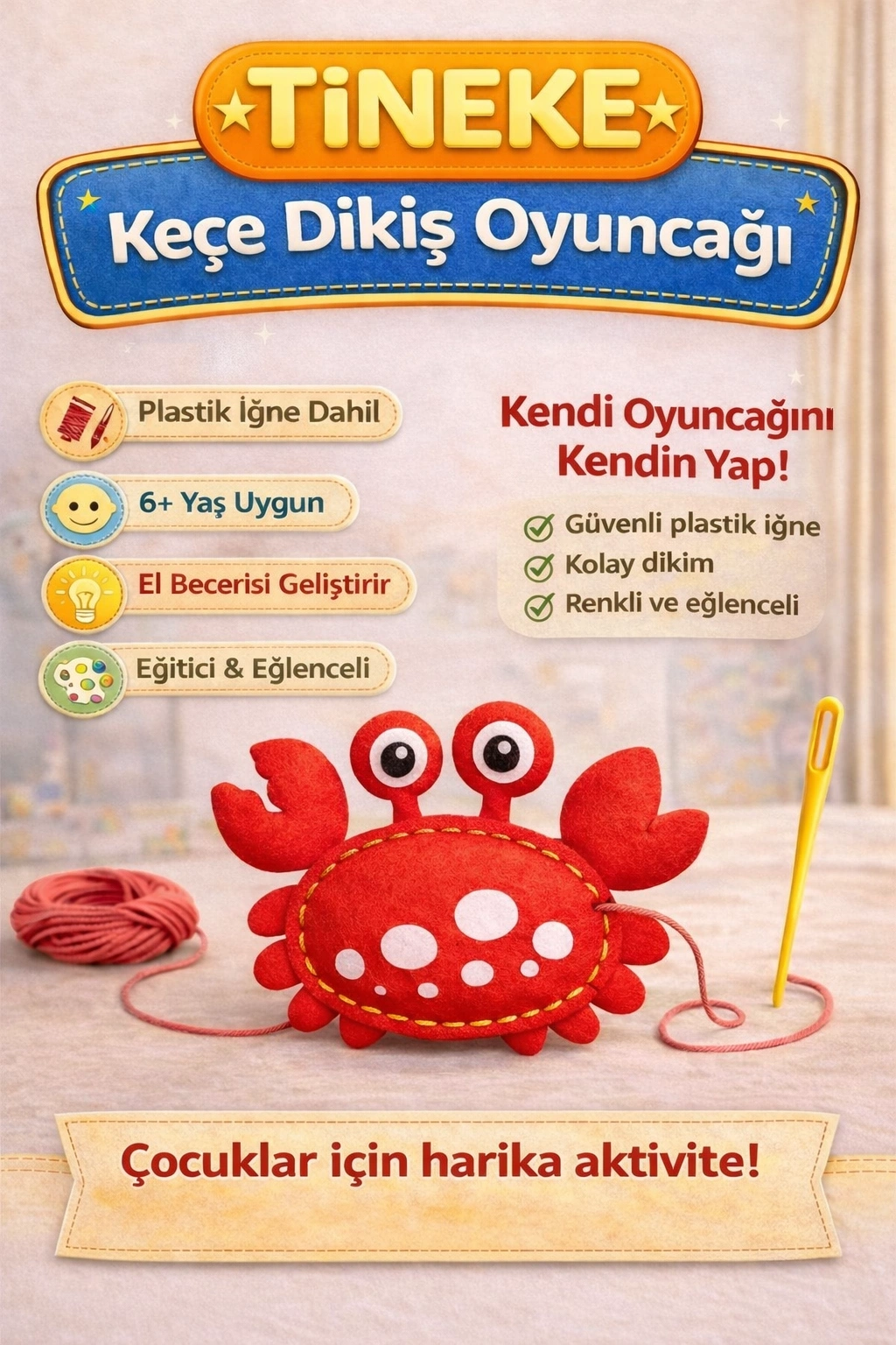 TİNEKE 1 Adet 3 Yaş Çocuklar Için Eğitici Oyuncak Kendin Yap Montessori Keçe Dikiş El Sanatları Seti YENGEÇ