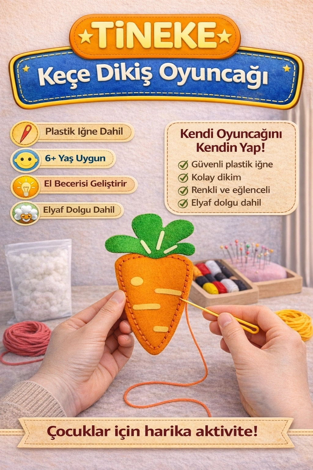 TİNEKE 1 Adet 3 Yaş Çocuklar Için Eğitici Oyuncak Kendin Yap Montessori Keçe Dikiş El Sanatları Seti HAVUÇ