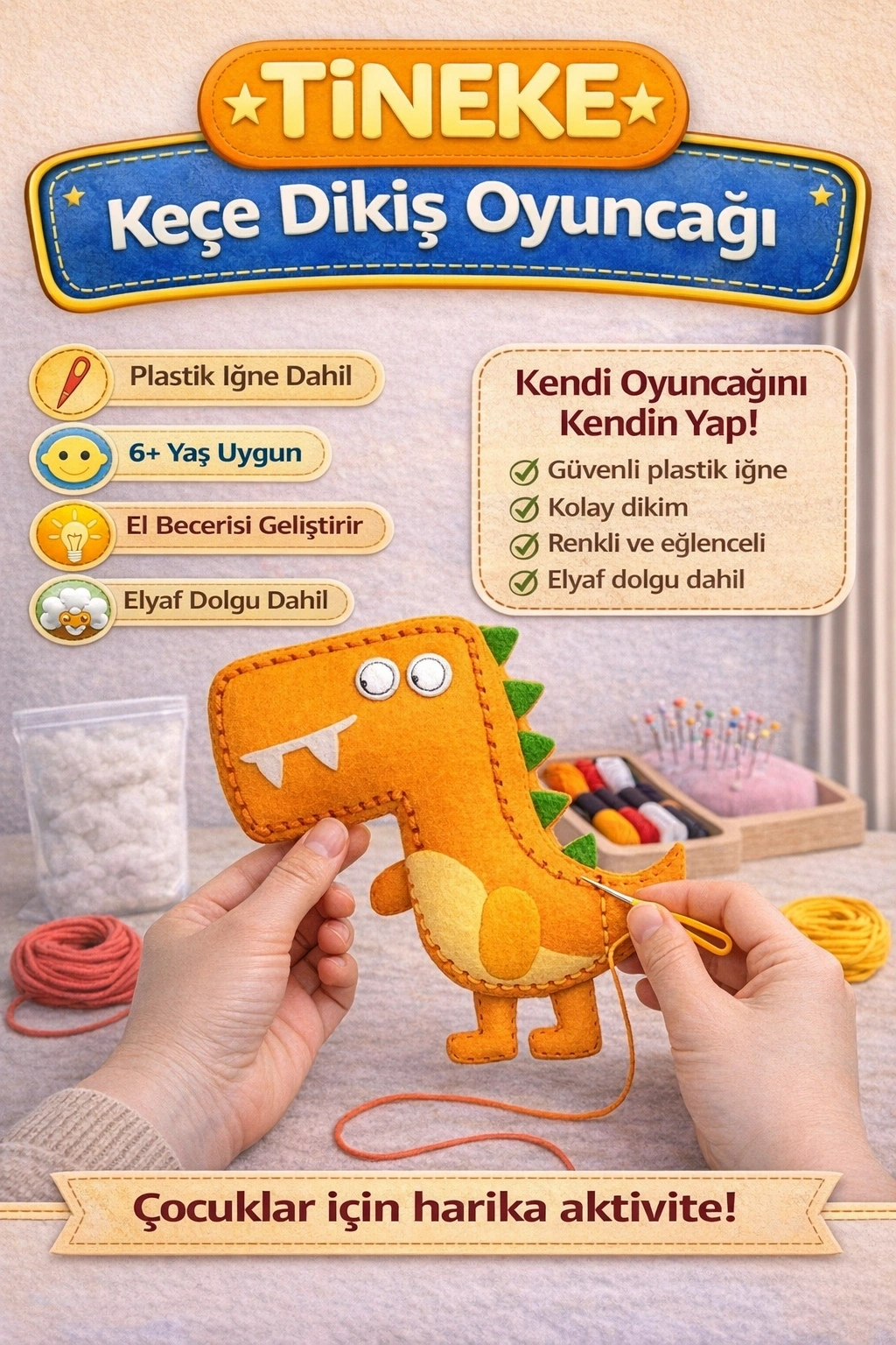 TİNEKE 1 Adet 3 Yaş Çocuklar Için Eğitici Oyuncak Kendin Yap Montessori Keçe Dikiş El Sanatları Seti DİNOZOR