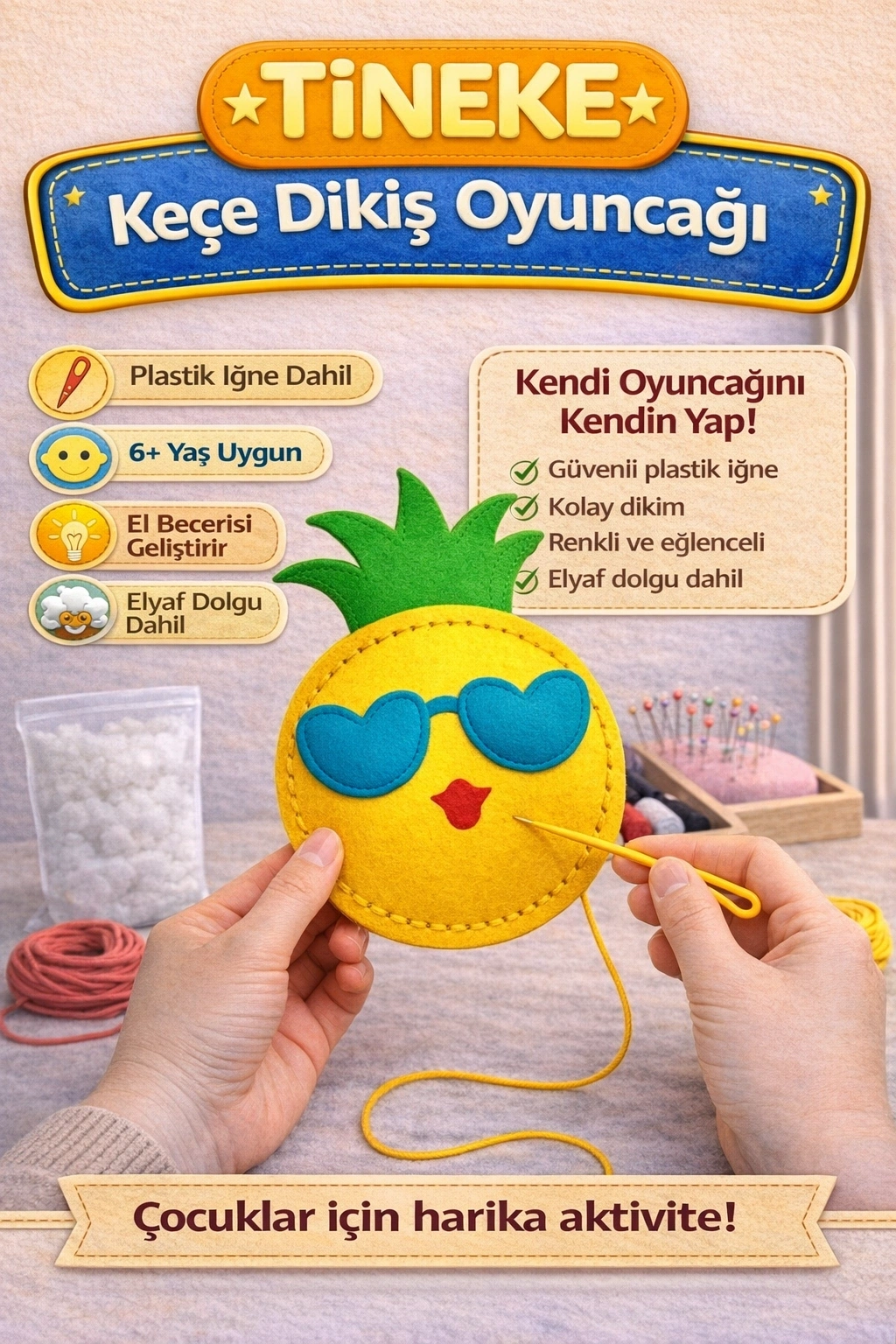TİNEKE 1 Adet 3 Yaş Çocuklar Için Eğitici Oyuncak Kendin Yap Montessori Keçe Dikiş El Sanatları Seti ANANAS