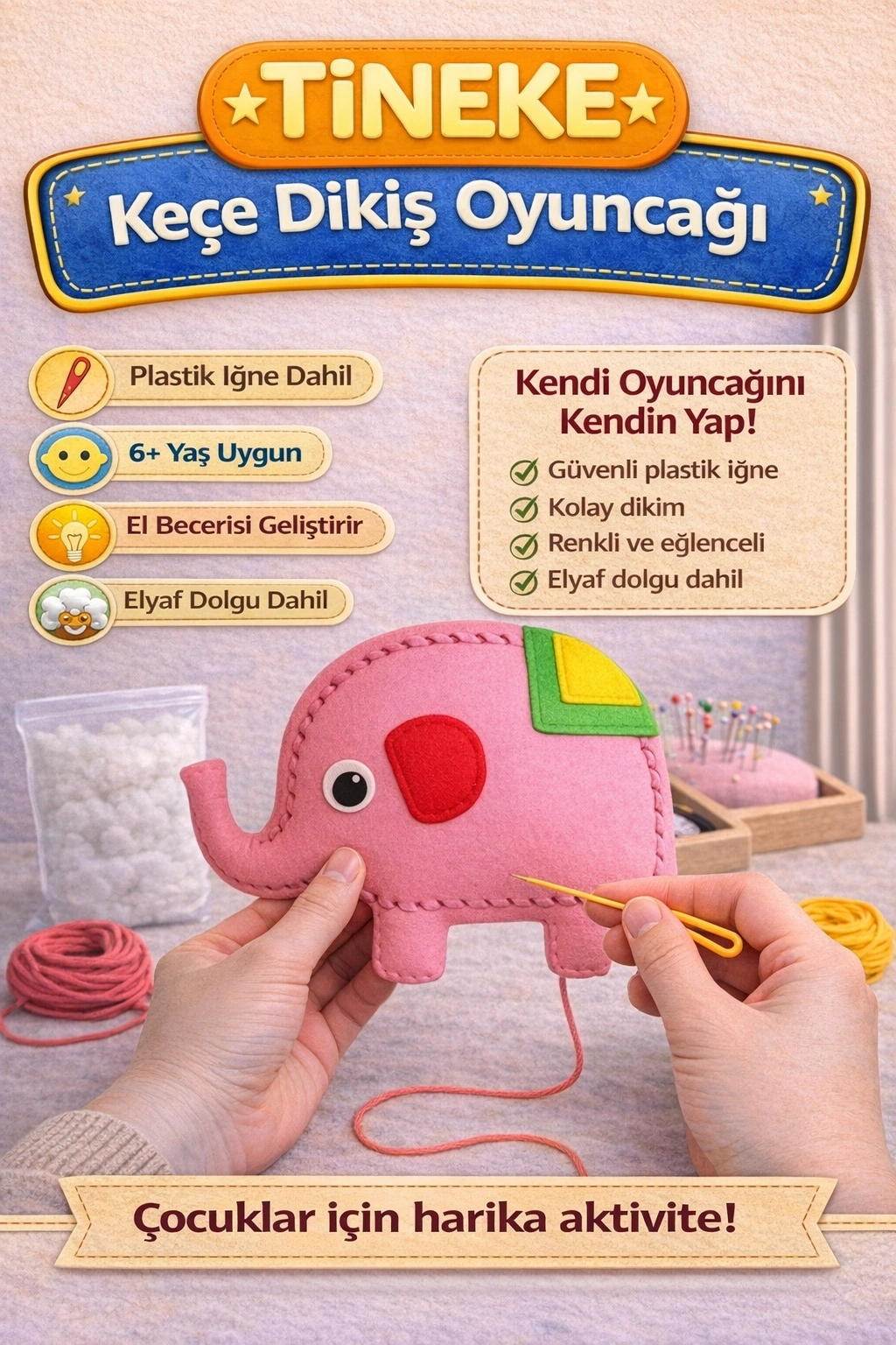 TİNEKE 1 Adet 3 Yaş Çocuklar Için Eğitici Oyuncak Kendin Yap Montessori Keçe Dikiş El Sanatları Seti FİL