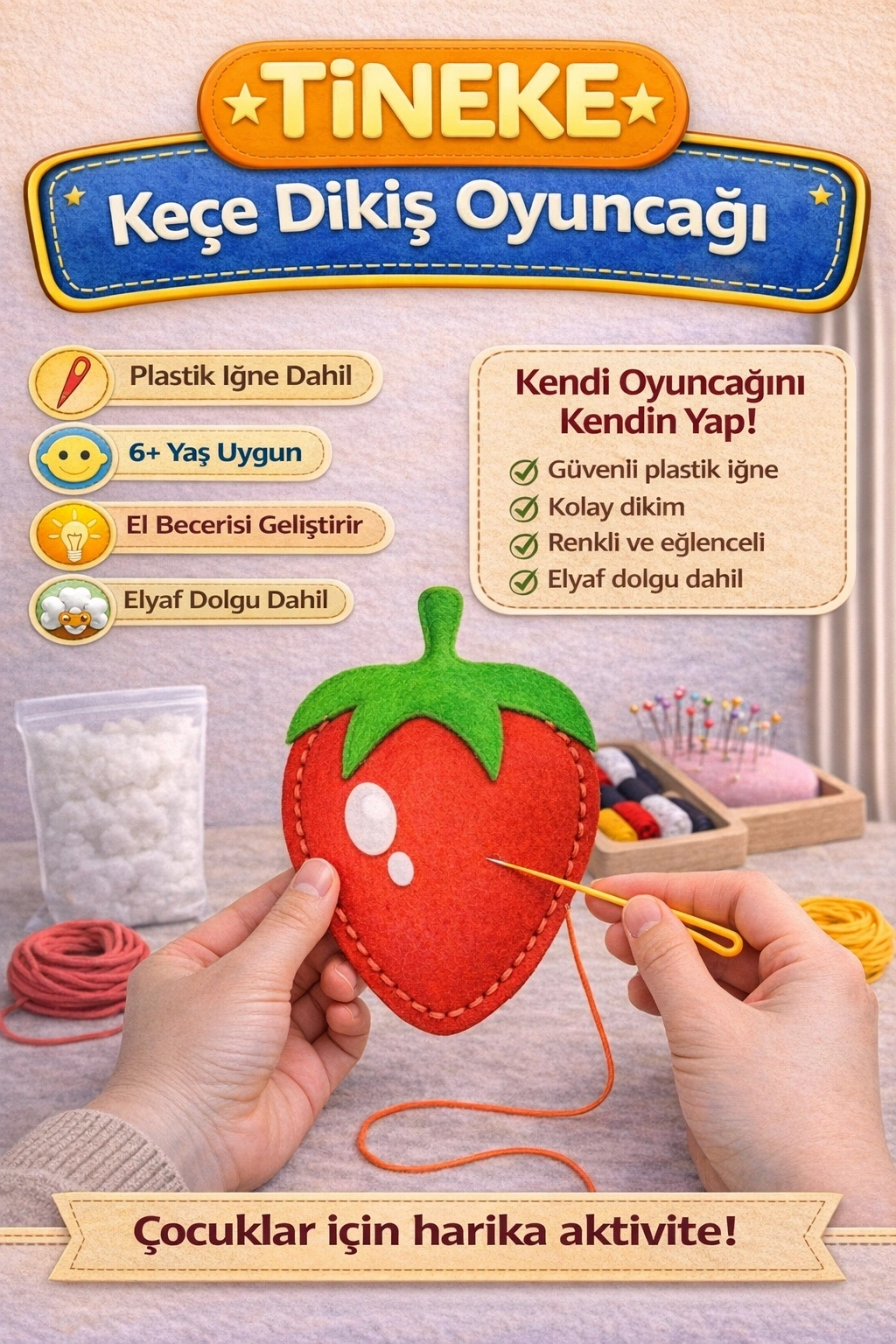 TİNEKE 1 Adet 3 Yaş Çocuklar Için Eğitici Oyuncak Kendin Yap Montessori Keçe Dikiş El Sanatları Seti ÇİLEK