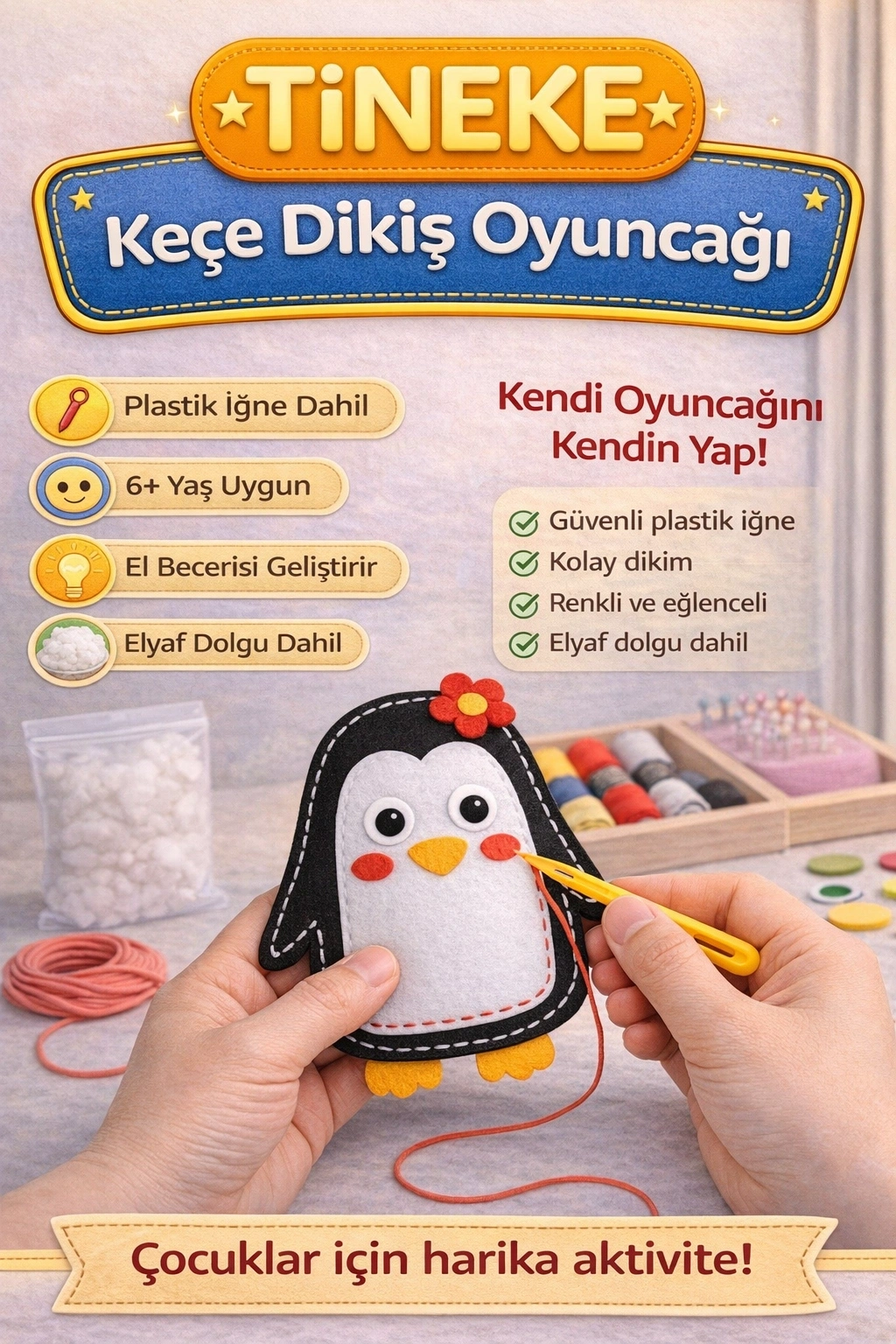 TİNEKE 1 Adet 3 Yaş Çocuklar Için Eğitici Oyuncak Kendin Yap Montessori Keçe Dikiş El Sanatları Seti PENGUEN