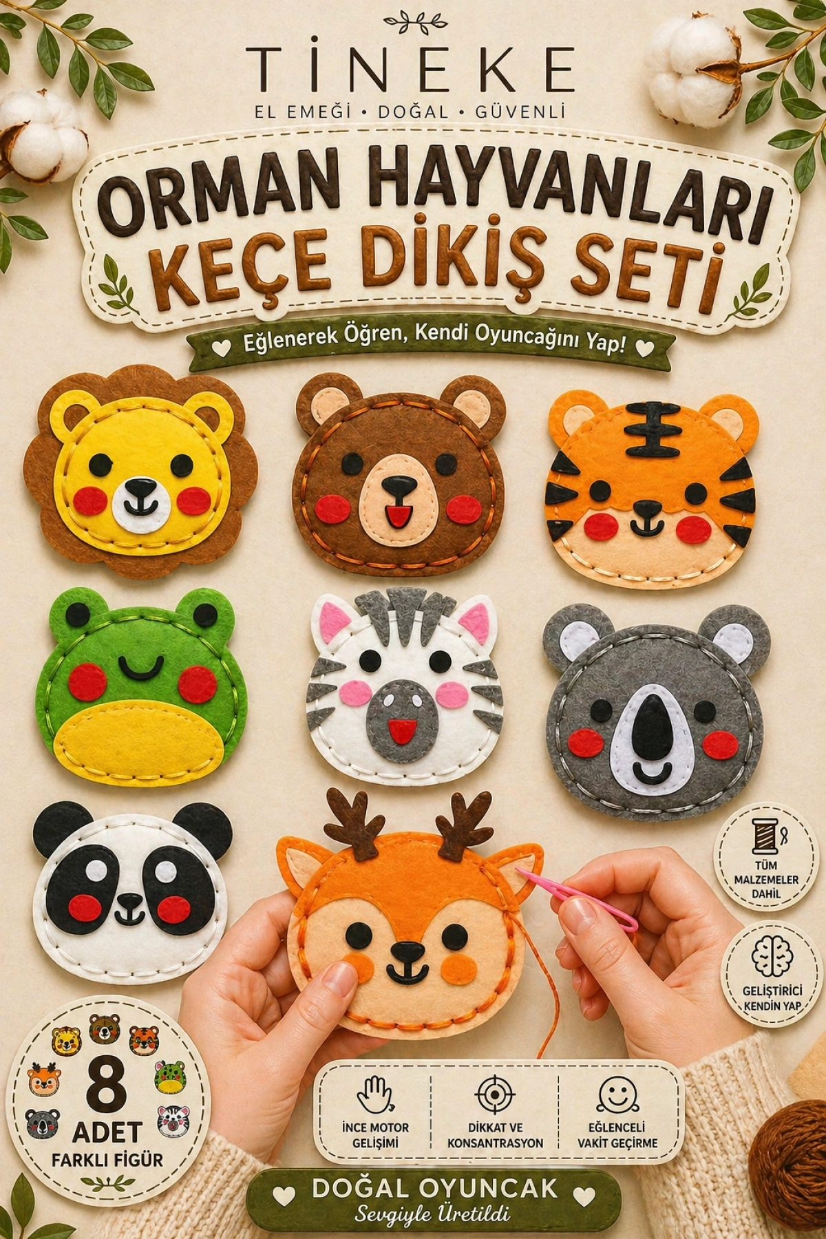 TİNEKE 8 Adet Çocuklar Için Kendin Yap Montessori Eğitici oyuncak Keçe Dikiş El Sanatları Seti 3 Yaş Üzeri Çocuklar Için Orman Hayvanları temalı