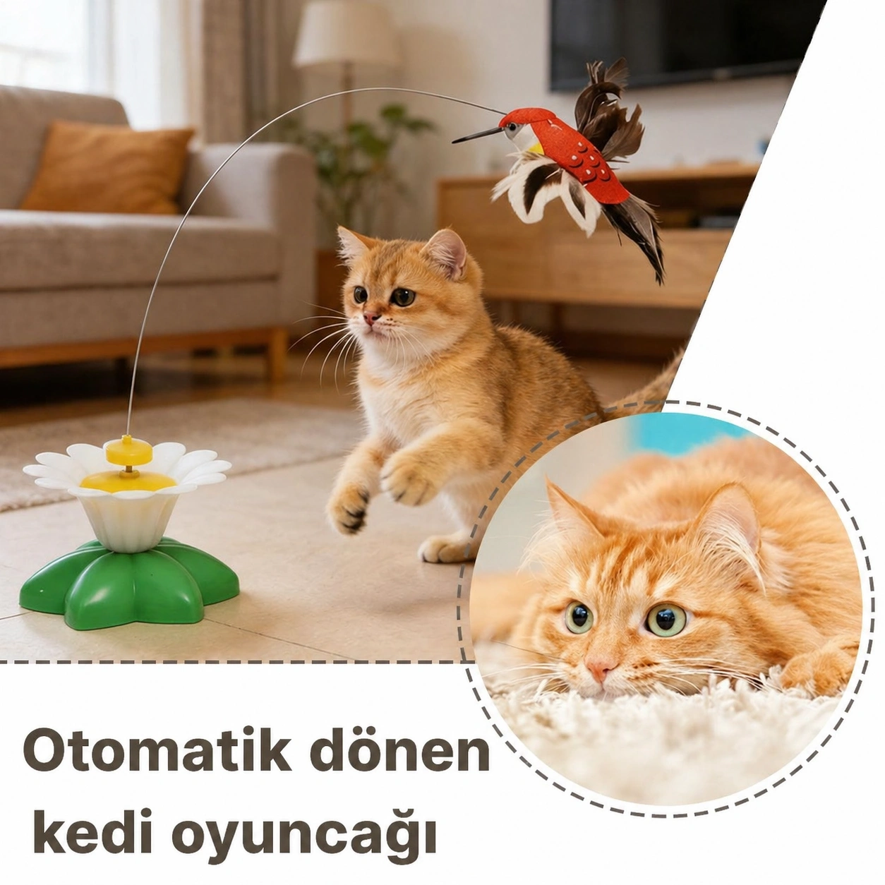 TİNEKE Hareketli Dönen Kuş Kedi Oyuncağı ( Pille Çalışır)