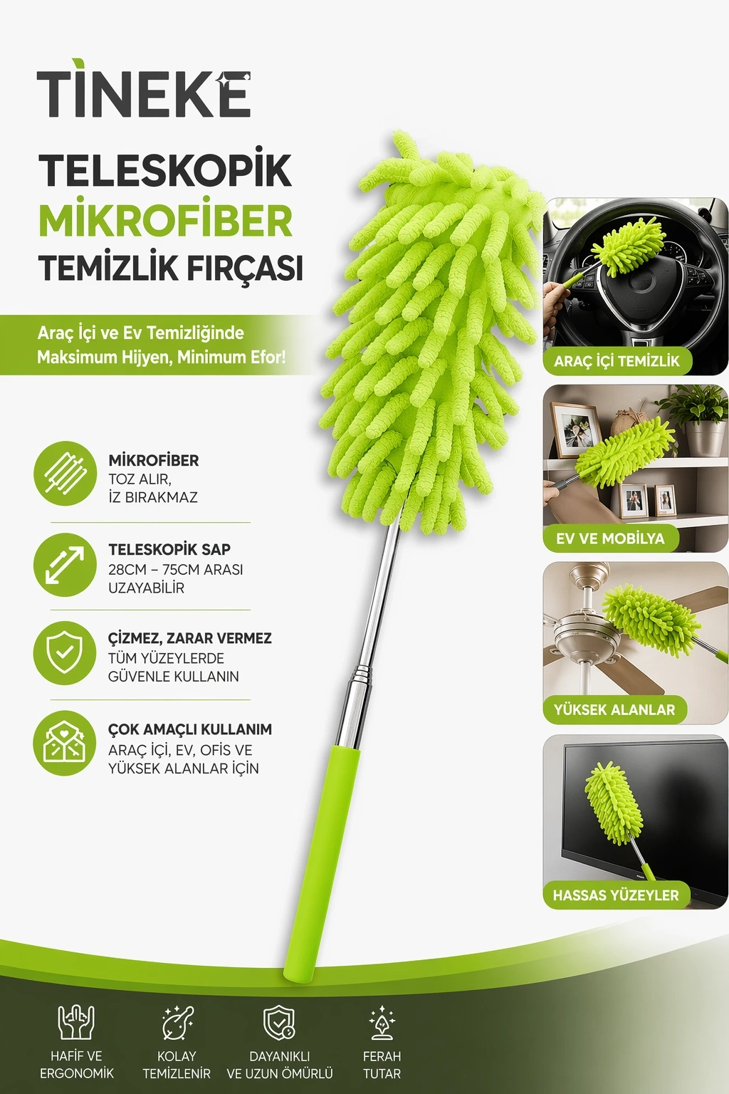 TİNEKE Teleskobik Mikrofiber Araç Içi Ve Temizlik Fırçası