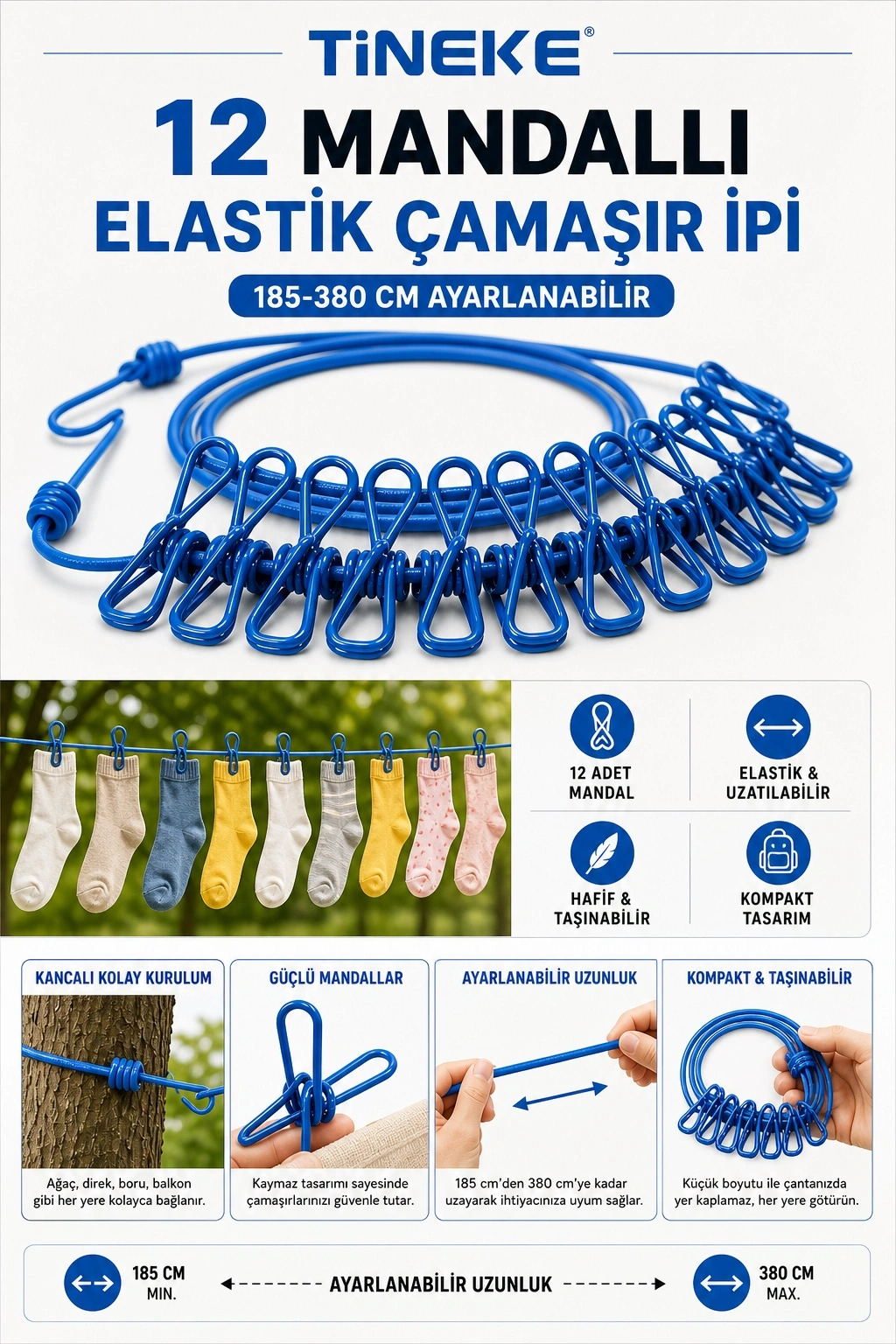 TİNEKE 12 Mandallı Taşınabilir Elastik Çamaşır İpi | 185-380 cm Ayarlanabilir | Kamp, Seyahat ve Balkon İçin