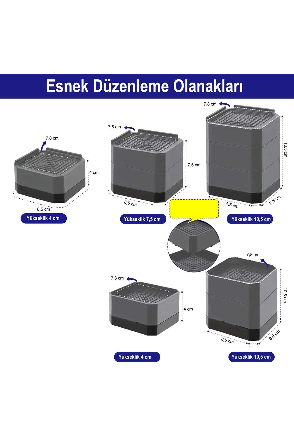TİNEKE Robot Süpürge Mobilya Ayağı Ve Dolap Yükseltici Ayak Kaydırmaz Ve Yükseltici 4 Lü GRİ KARE 10.5 cm