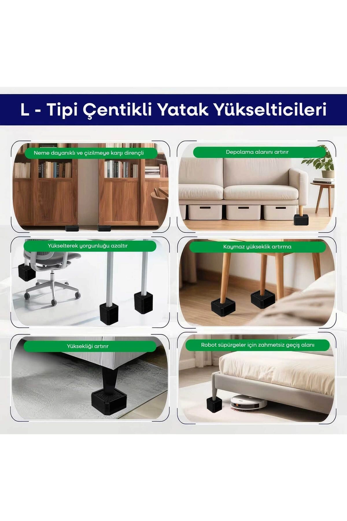 TİNEKE Robot Süpürge Mobilya Ayağı Ve Dolap Yükseltici Ayak Kaydırmaz Ve Yükseltici 4 Lü SİYAH KARE 4 cm
