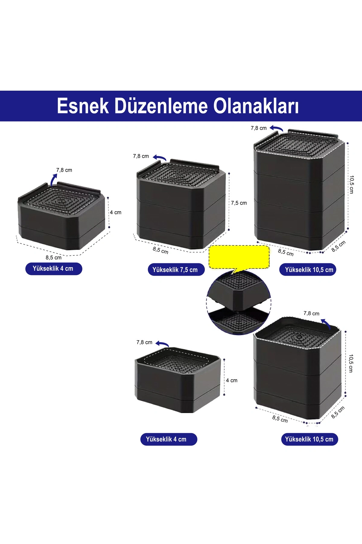 TİNEKE Robot Süpürge Mobilya Ayağı Ve Dolap Yükseltici Ayak Kaydırmaz Ve Yükseltici 4 Lü SİYAH KARE 4 cm