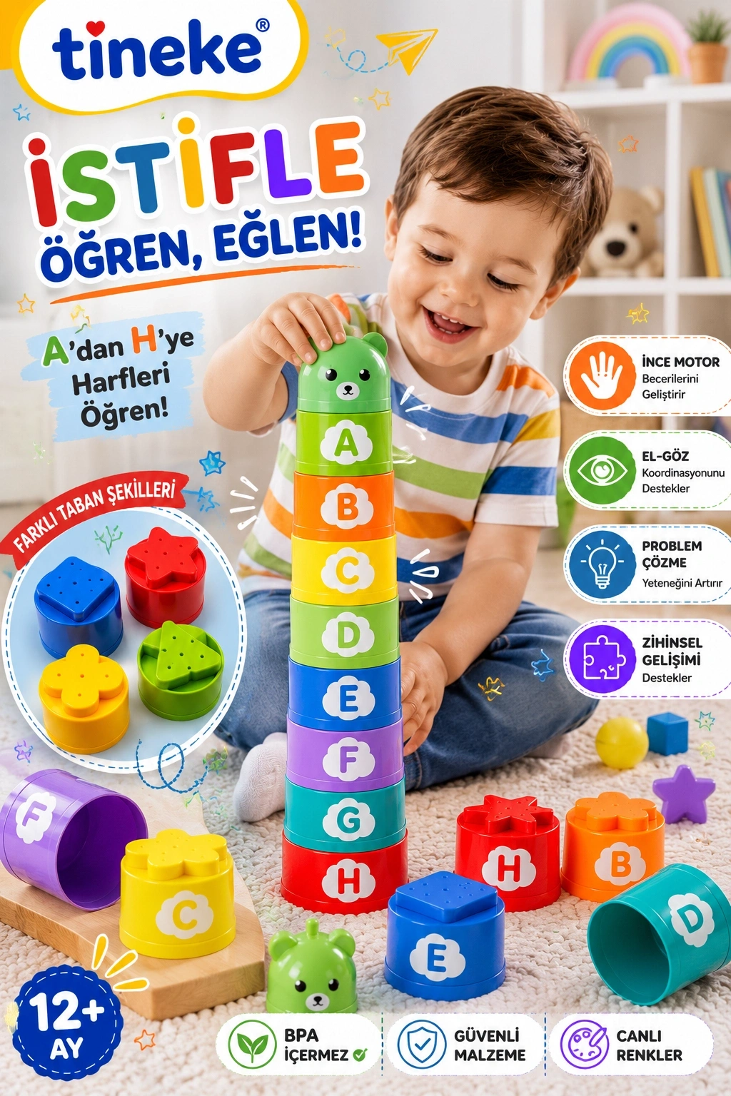 TİNEKE Bebekler İçin Harf İstiflenebilir Bardak Oyuncağı 9 Parça Eğitici Denge ve Sıralama Oyunu