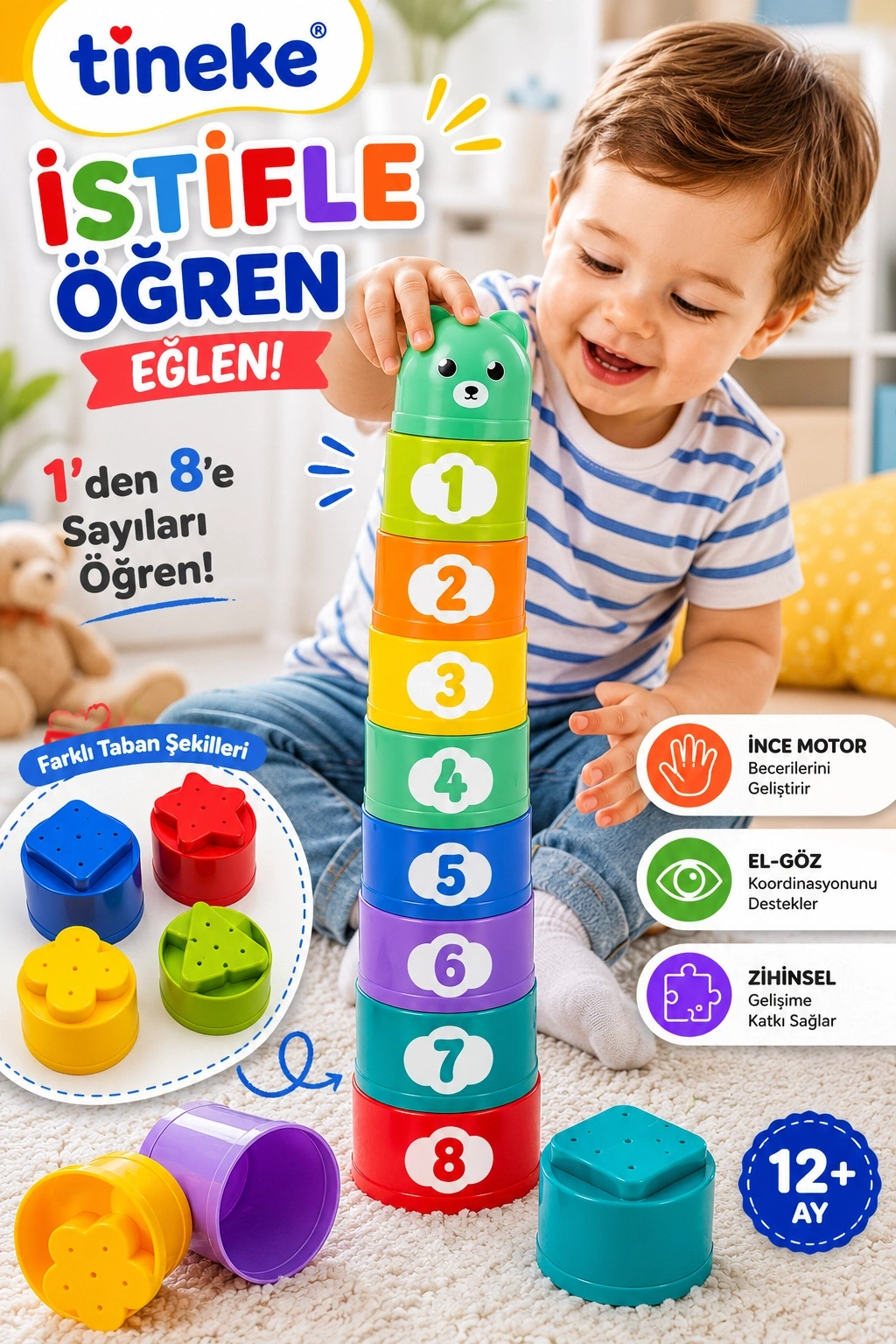 TİNEKE Bebekler İçin Sayı İstiflenebilir Bardak Oyuncağı 9 Parça Eğitici Denge ve Sıralama Oyunu