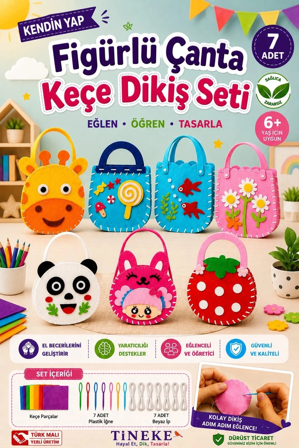 Tineke Figürlü Keçe Dikiş Seti 7li Kendin Yap Çanta Yapım Seti Eğitici Hobi Oyuncağı El Becerisi 6+ Yaş