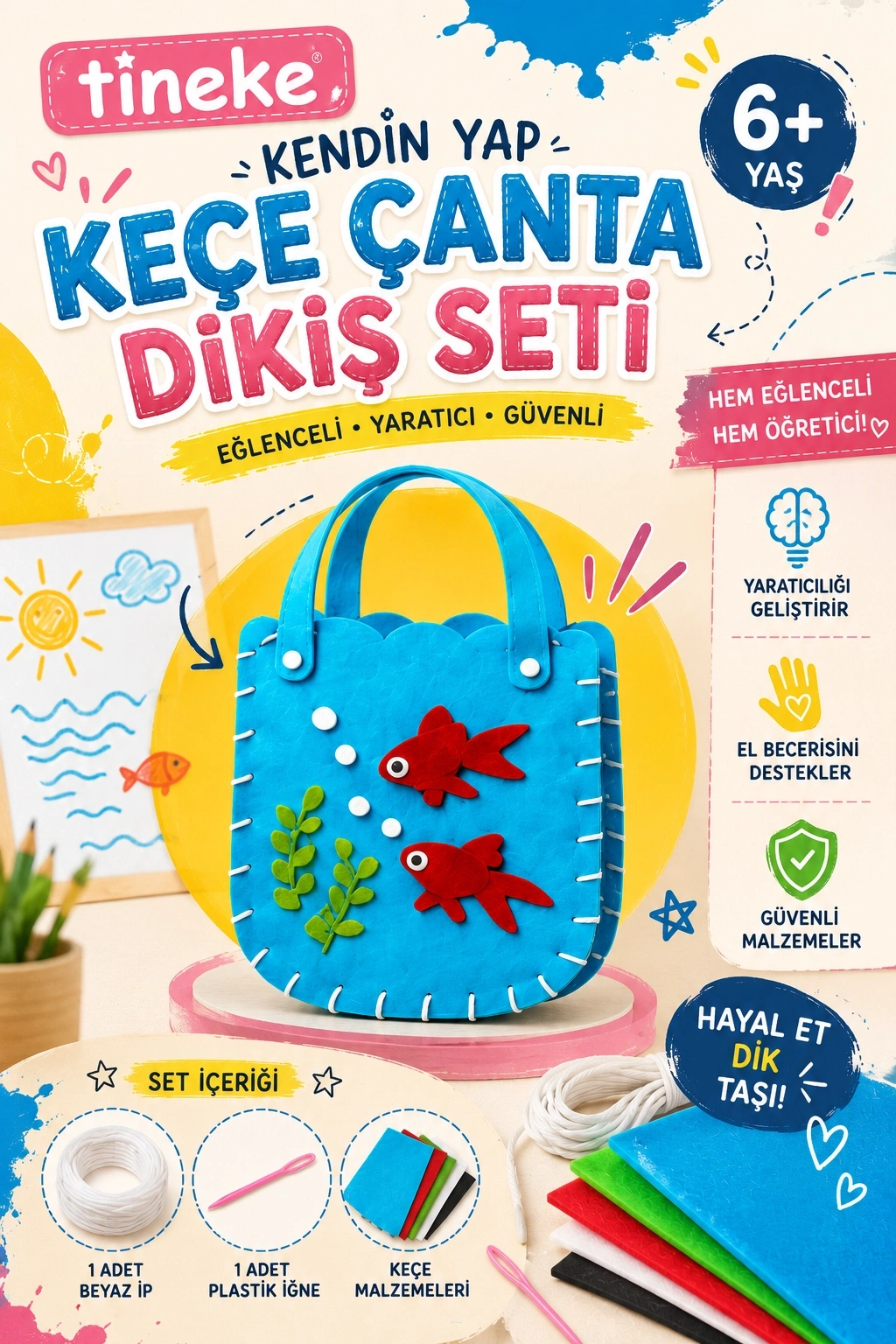 TİNEKE Kendin Yap Keçe Çanta Dikiş Seti – Balıklı Model | Çocuk El Sanatları Hobi Seti | 6 Yaş+ 1 adet