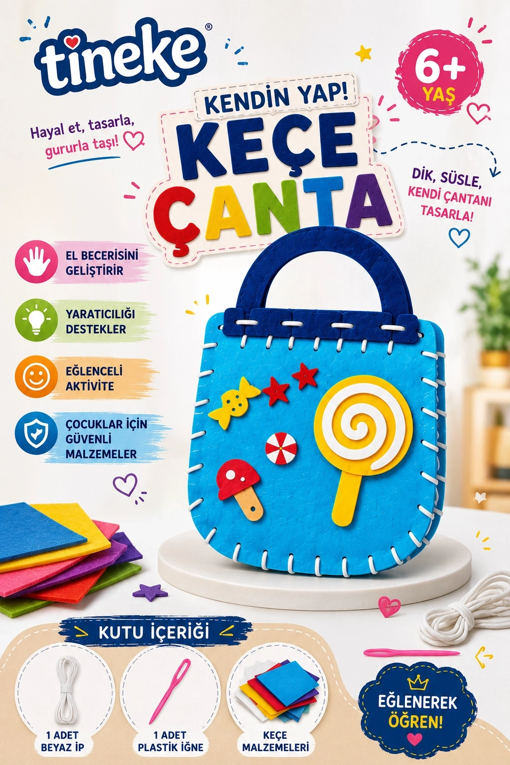 TİNEKE Kendin Yap Keçe Çanta Yapım Seti  Mavi Lolipop Desenli, Eğitici Oyuncak Hobi ve El Sanatları Oyuncağı, 6 Yaş 1 ADET