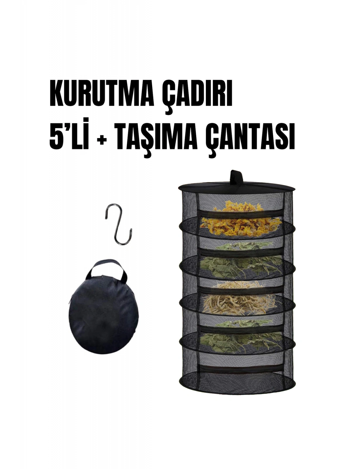 5 Katlı Fermuarlı Meyve Sebze Kurutma Filesi | Katlanabilir Doğal Kurutma Sepeti SİYAH