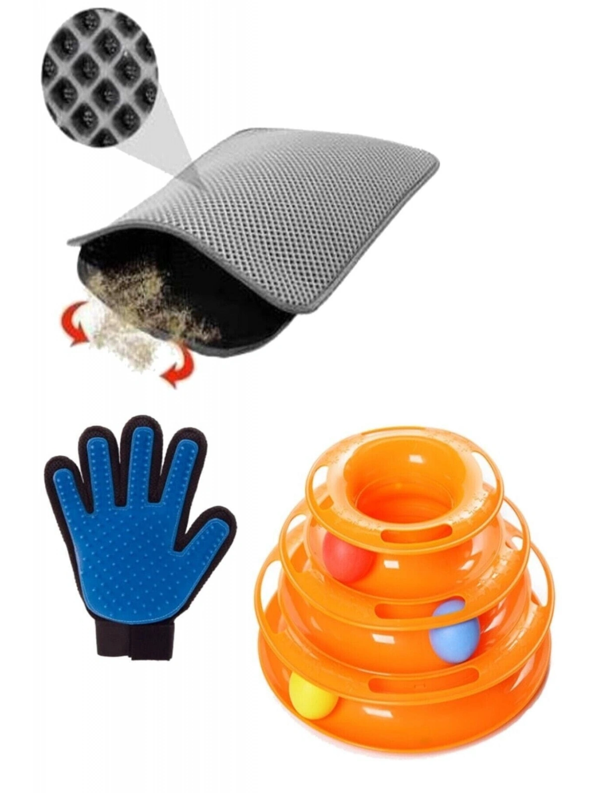 Tower Of Tracks Kedi Oyuncağı Kedi Tüy Toplama Eldiveni Elekli Kedi Tuvalet Paspası (GRİ) 3 Lü