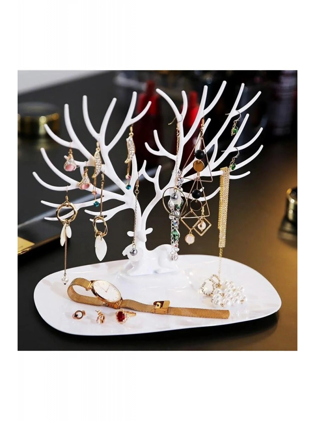 Geyik Tasarımlı Takı Standı Yüzük Küpe Kolye Askılığı Mücevher Organizer Askı Beyaz
