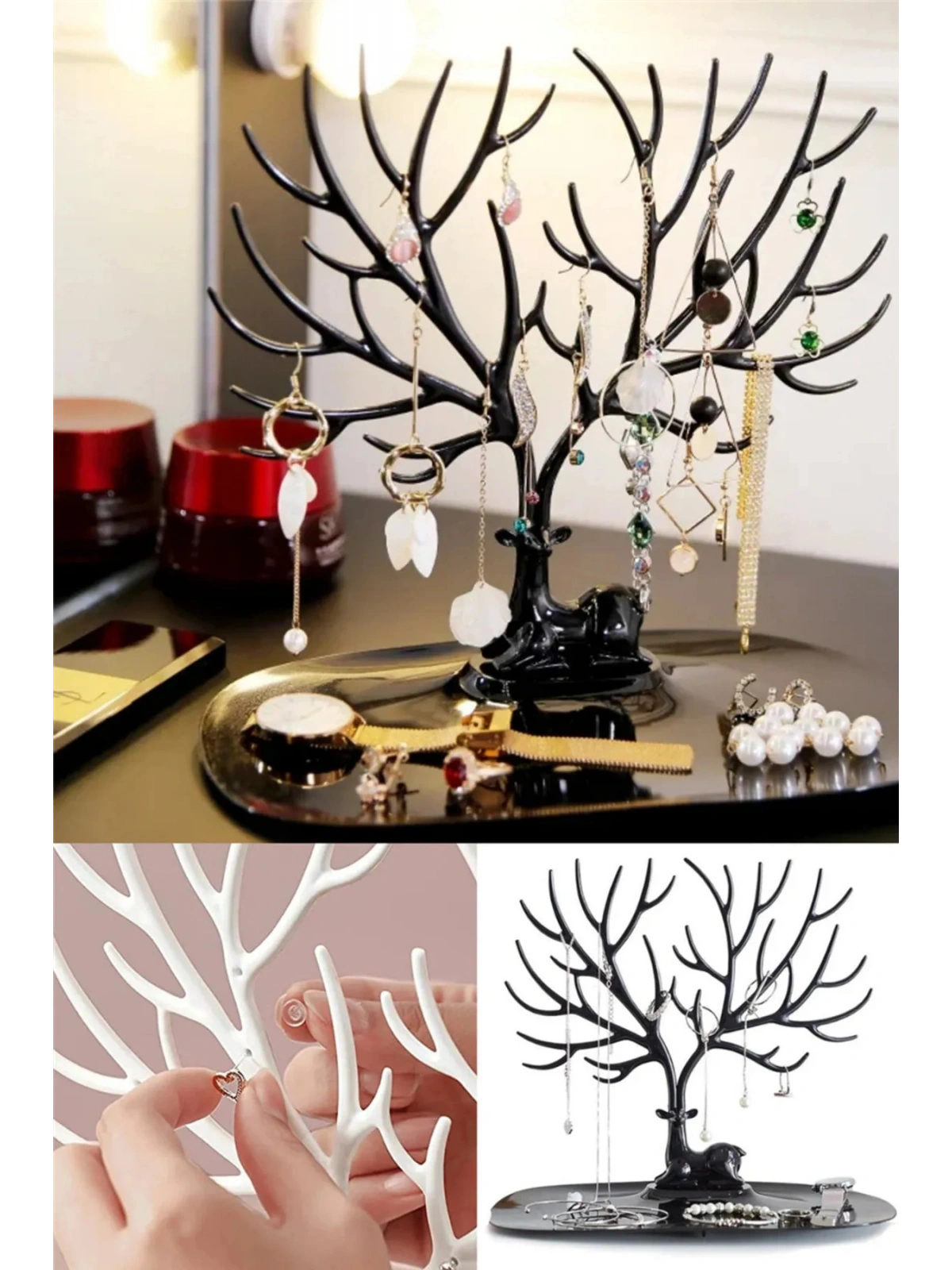 Geyik Tasarımlı Takı Standı Yüzük Küpe Kolye Askılığı Mücevher Organizer Siyah