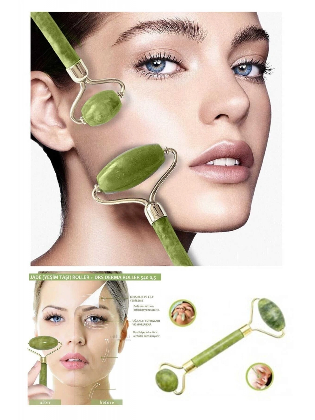 Jade Roller Çift Taraflı Yeşim Taşı Cilt Masaj Bakım Aleti