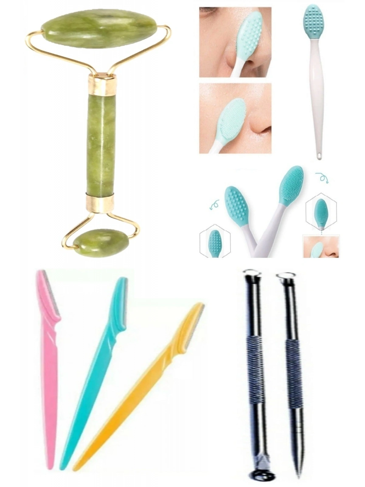 Yeşim Taşı_ Yüz Ve Cilt Temizleme Fırçası Çilek _3 Lü Kaş Usturası Ve 2li Akne Temizleyici Komedon