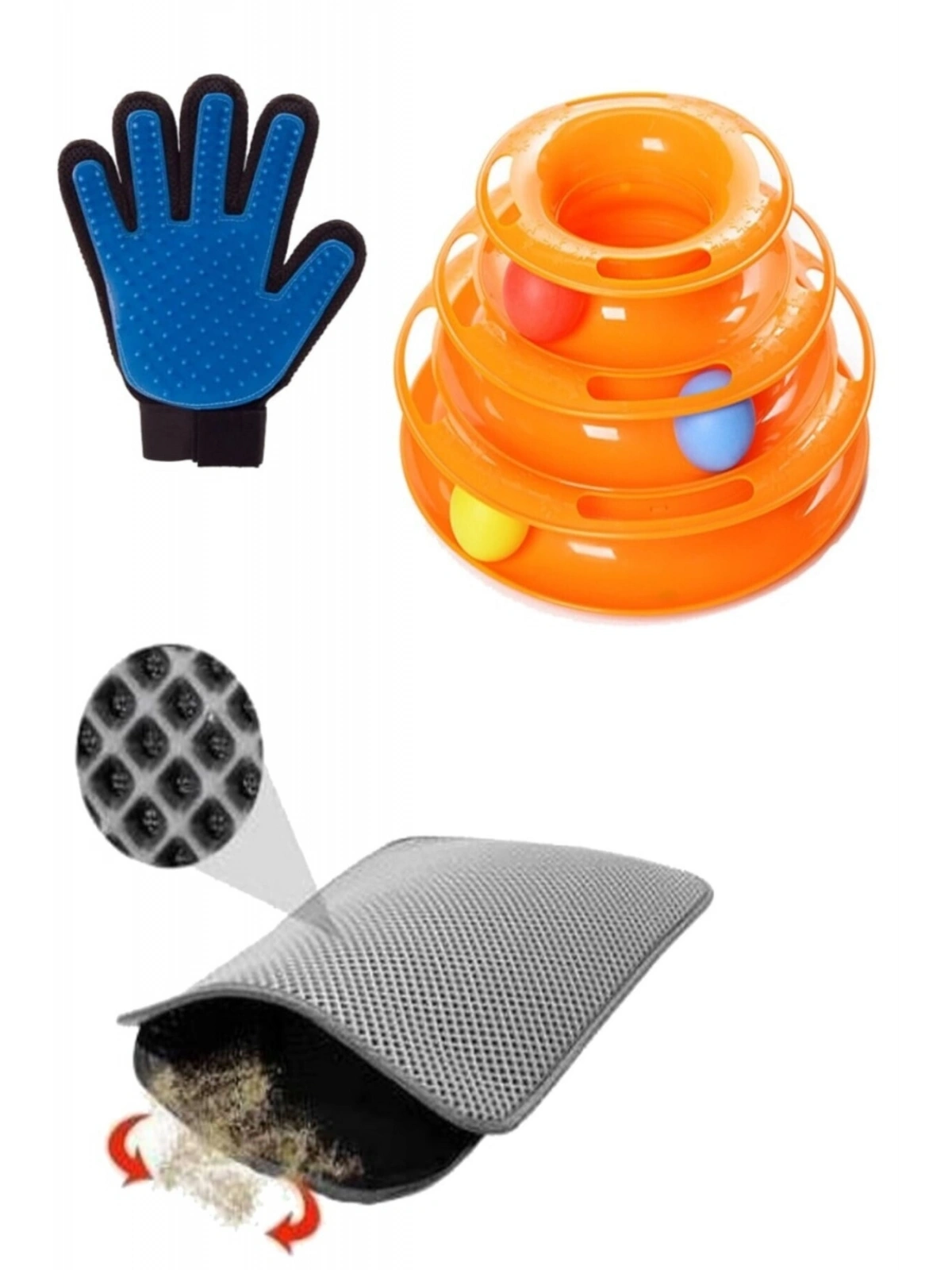 3 Lü Set Elekli Kedi Tuvalet Paspası (gri) + Tüy Toplama Eldiveni + Tower Of Tracks Kedi Oyuncağı