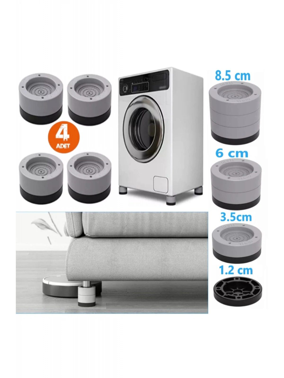 Beyaz Eşya Ayağı Çamaşır Makinesi Mobilya Titreşim Önleyici Kaydırmaz Ve 3.5 Cm Yükseltici 4 Lü Set