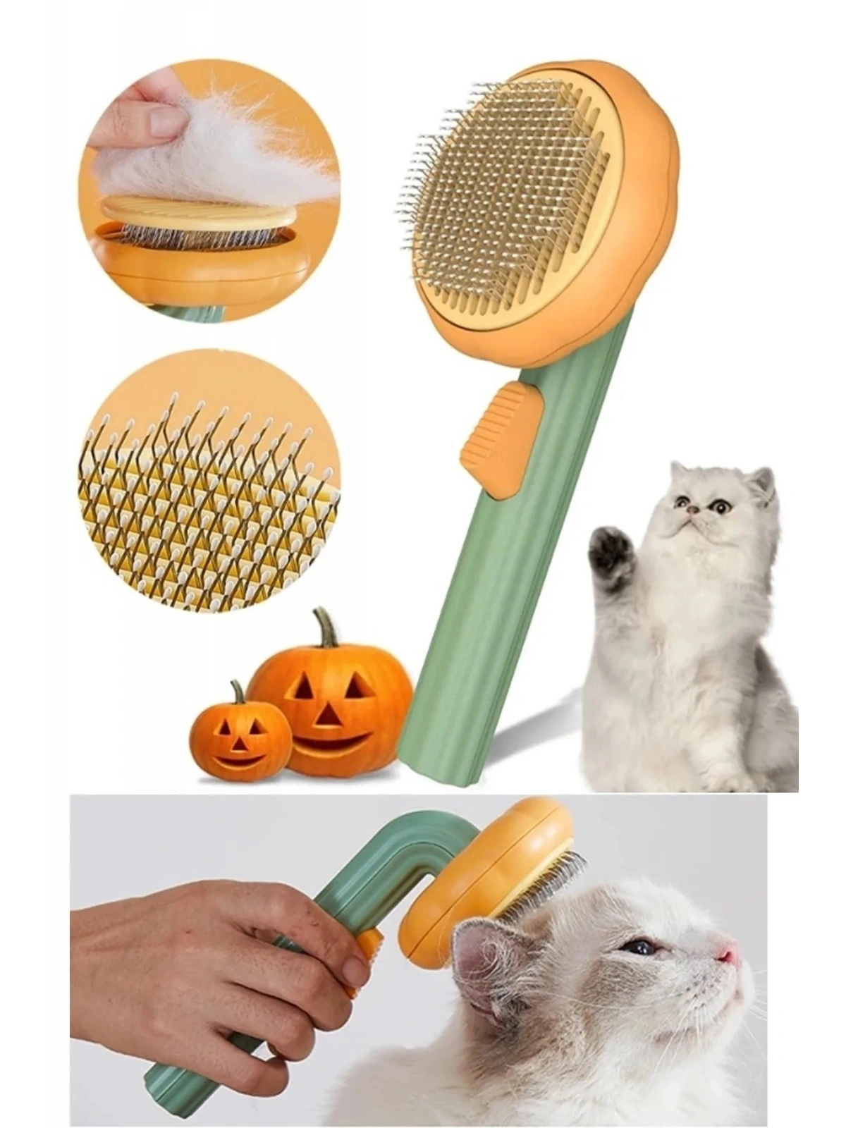 Bal Kabağı Tasarımlı Otomatik Temizlenen Tuşlu Evcil Hayvan Fırçası Kedi Köpek Tüy Toplayıcı Tarak