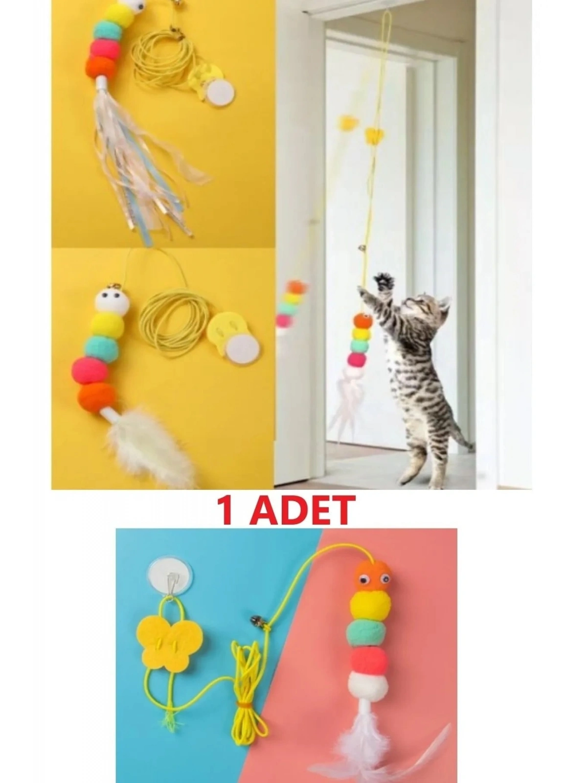 Elastik Kendinden Yapışkanlı Renkli Kedi Oyun Oltası Kedi Oyuncağı Yapışkanlı Olta Eğitim Oyuncağı