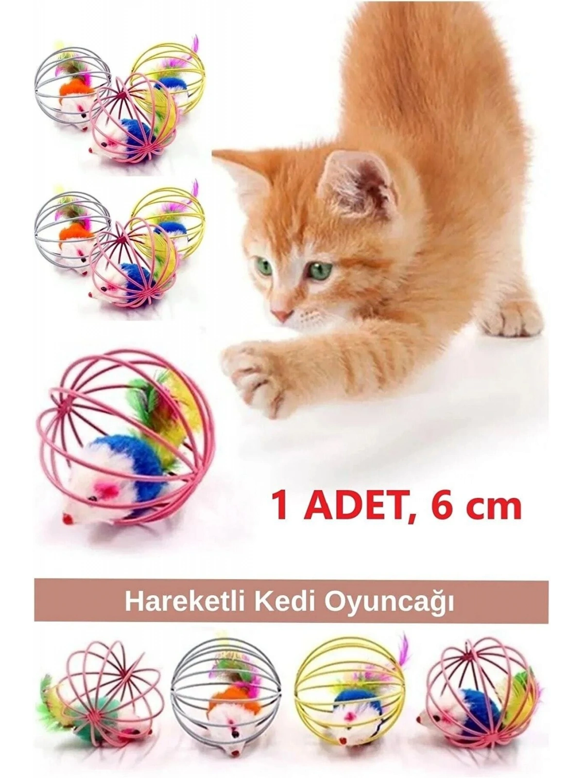 Kafesli Renkli Fareli Kedi Köpek Oyun Topu 6 cm