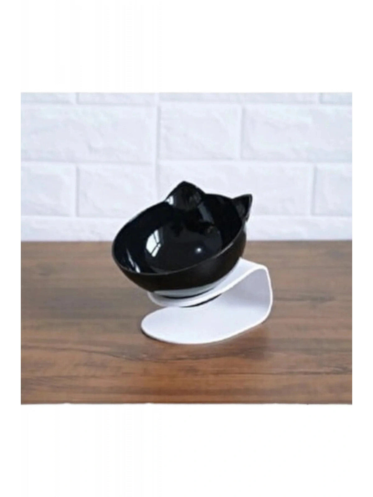 Standlı Kedi Kafalı Mama Kabı Siyah Tekli