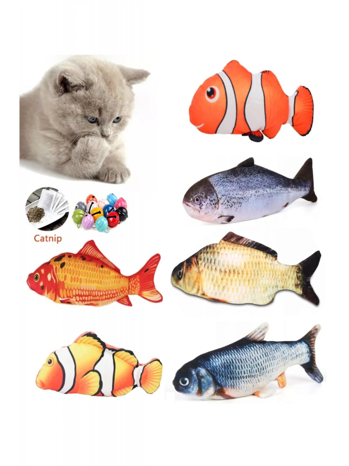 6 Adet 3d Peluş Kedi Oyuncağı Balık Kedi Nanesi Otlu Çıngıraklı