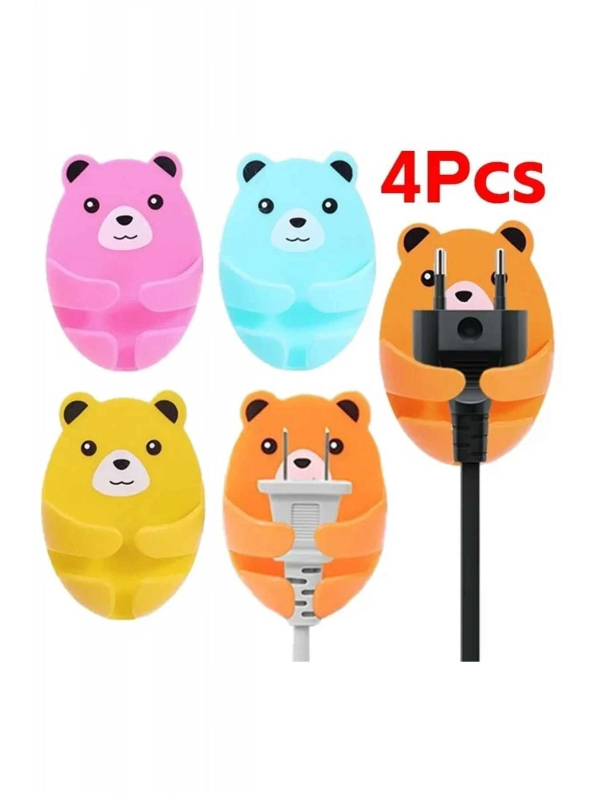 4 Adet Kendinden Yapışkanlı Ayı Desenli Fiş Askısı Priz Soket Kablo Tutucu