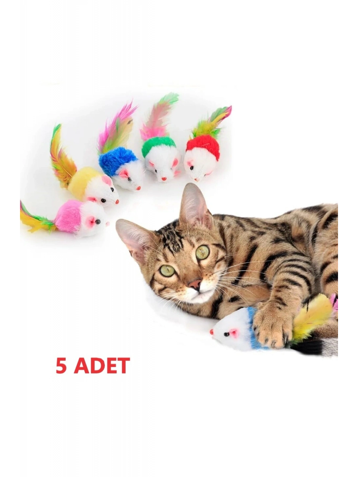 Renkli Tüylü Gerçekci Fare Kedi Oyuncağı 5 Adet