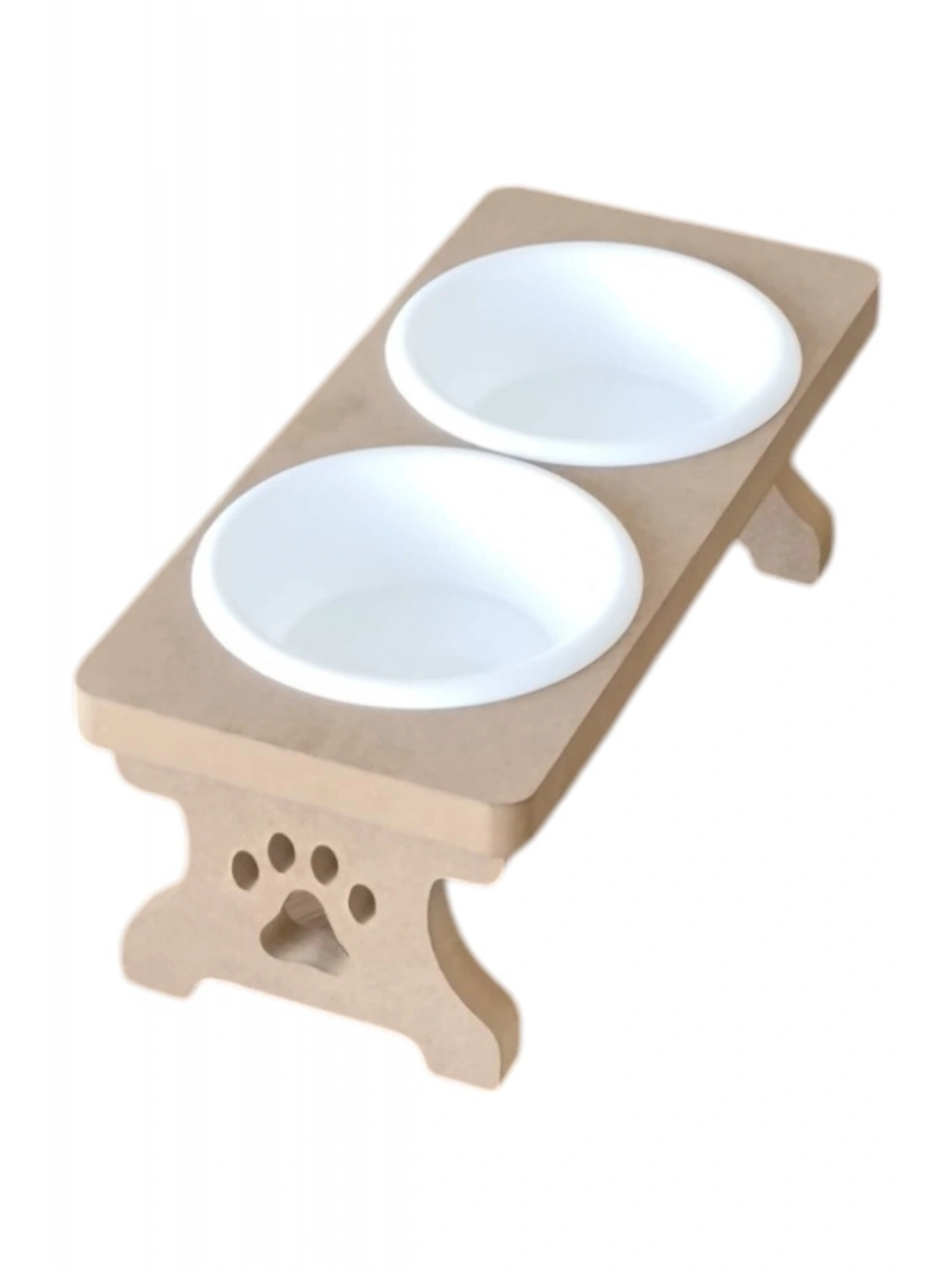 Ahşap Demonte 2 Plastik Taslı Kedi Mama Ve Su Kabı BEYAZ