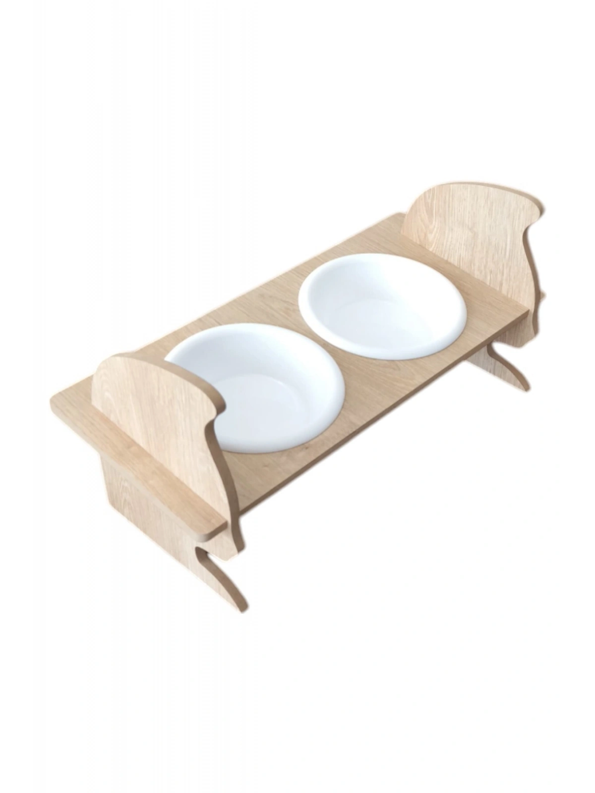 KEDİ KAFALI AHŞAP 2 Plastik Taslı Kedi Ve Köpek Mama Ve Su Kabı BEYAZ