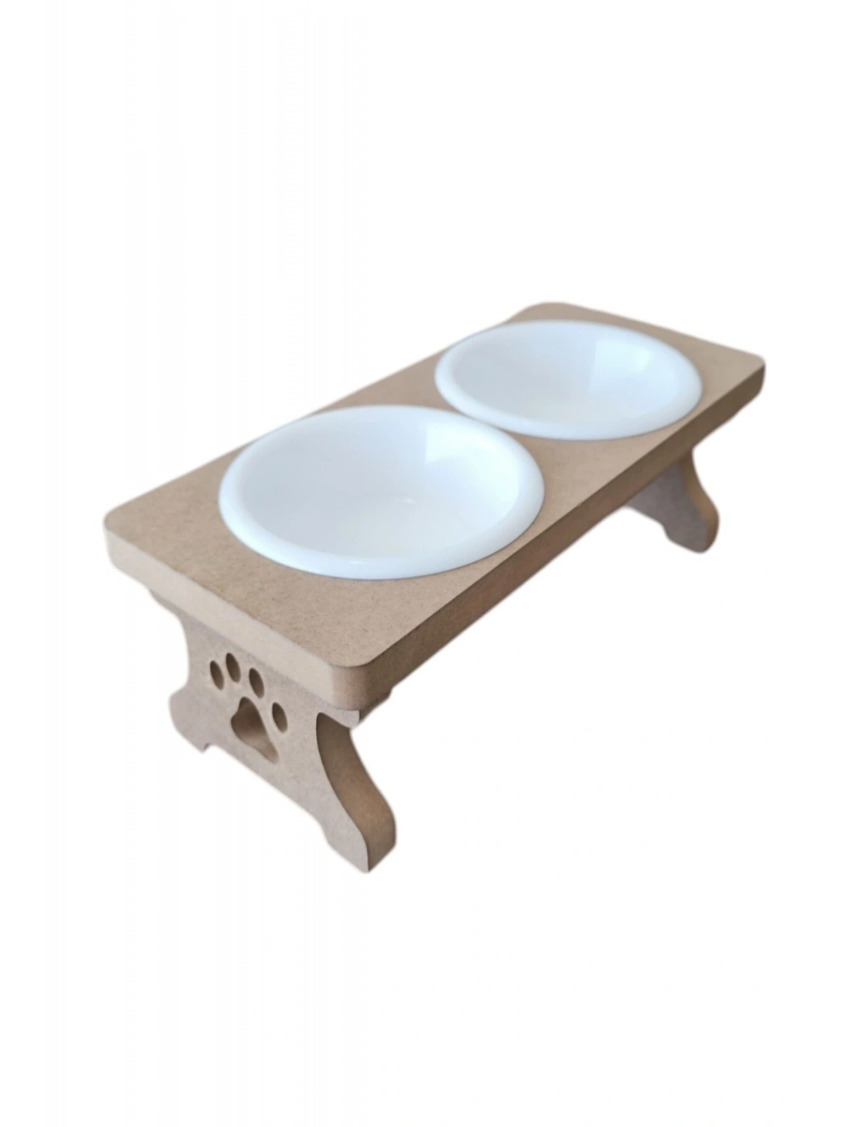 Ahşap Demonte 2 Plastik Taslı Kedi Mama Ve Su Kabı BEYAZ