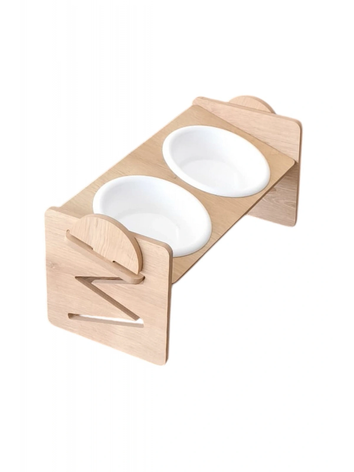 Ayarlanabilir Ahşap 2 Plastik Taslı Kedi Ve Köpek Mama Ve Su Kabı BEYAZ