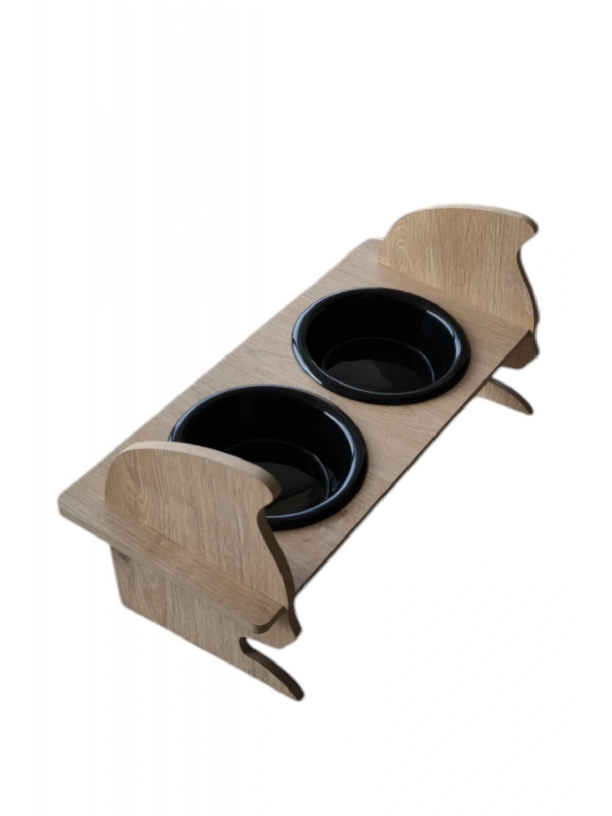 KEDİ KAFALI AHŞAP 2 Plastik Taslı Kedi Ve Köpek Mama Ve Su Kabı SİYAH
